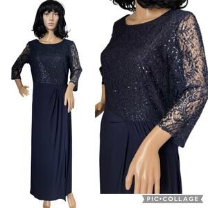 Alex Evenings Navy Long A-Line Detailed sequin Bodice sheer sleeves Dress 10 p